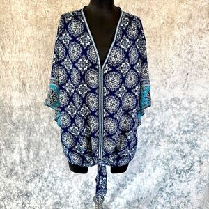 Max Studio Tie Front Blouse Ornate Blue - 2X
